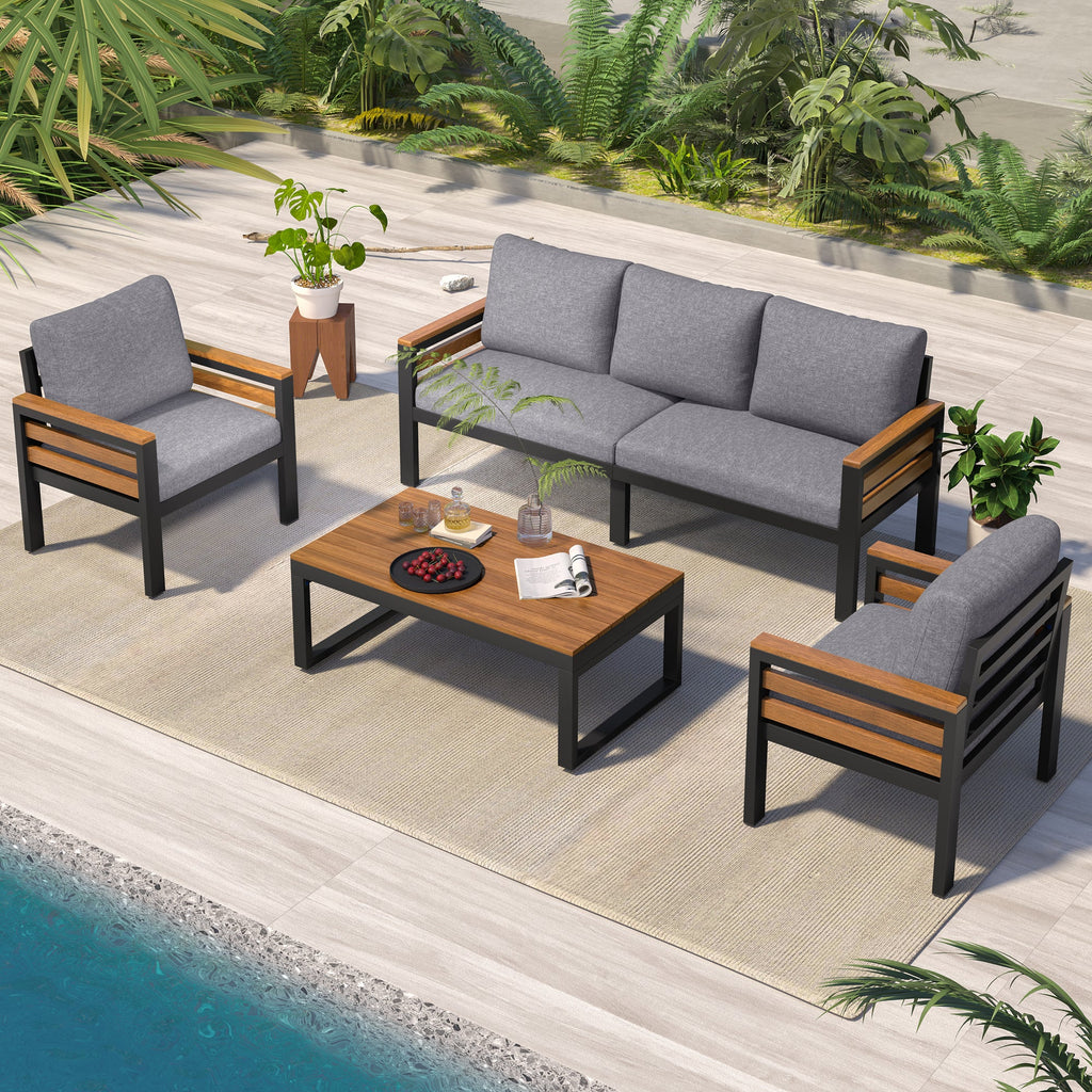 GO 4-Piece Outdoor Furniture Sofa Set for 5 People with  Acacia Wood Armrests, Patio Conversation Set with Removable Cushion and Solid Wood Coffee Table  for Garden and Backyard, Grey