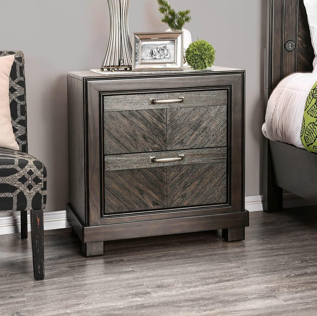Espresso Color 1pc Nightstand V-Shape Plank Design Bedroom Furniture Bedside Table Nickel Bar Pull Solidwood 2- Storage Drawers