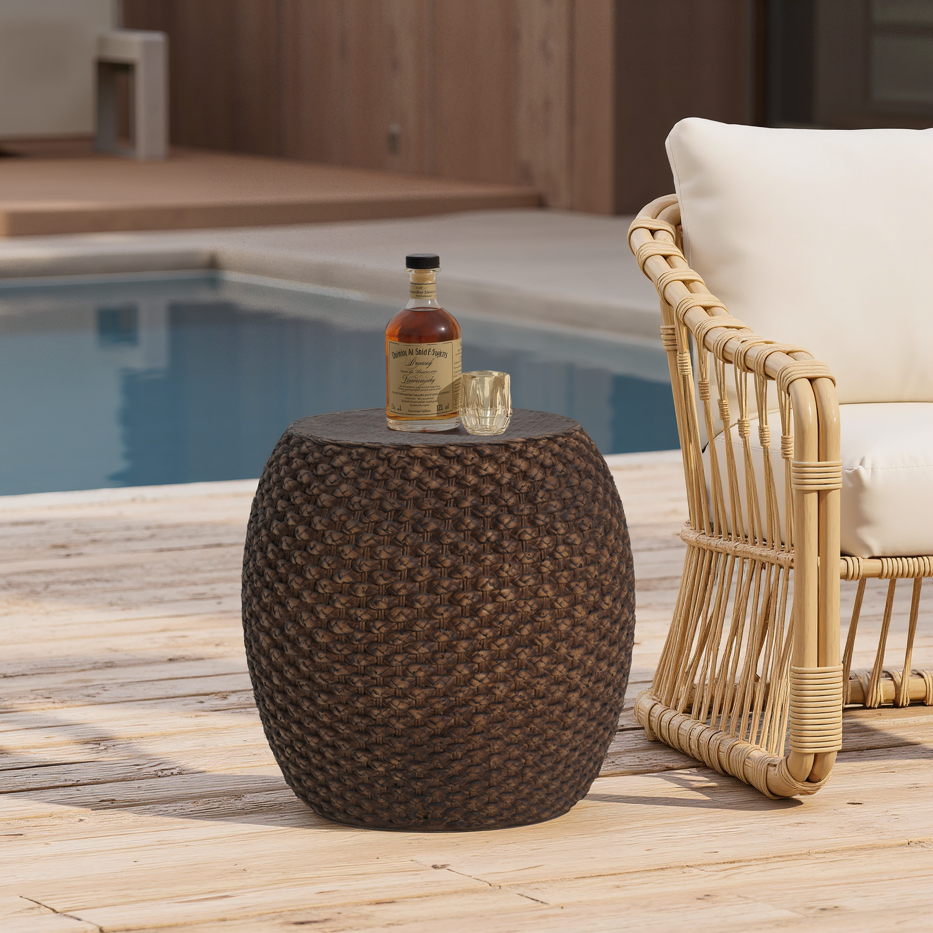 Faux Rattan Side Table for Both Indoor and Outdoor Use, Handmade MgO, Brown