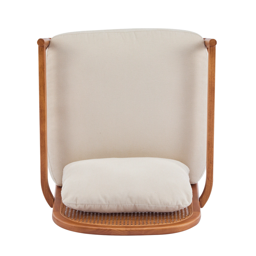 [Set of 2]  26.6' Mid-Century Modern Accent Chair with Walnut Finish Solid Wood Frame and Rattan Backrest, Beige Cushion with Striped Fabric,  Comfy Armchairs for Living Room, Bedroom, Reading Nook