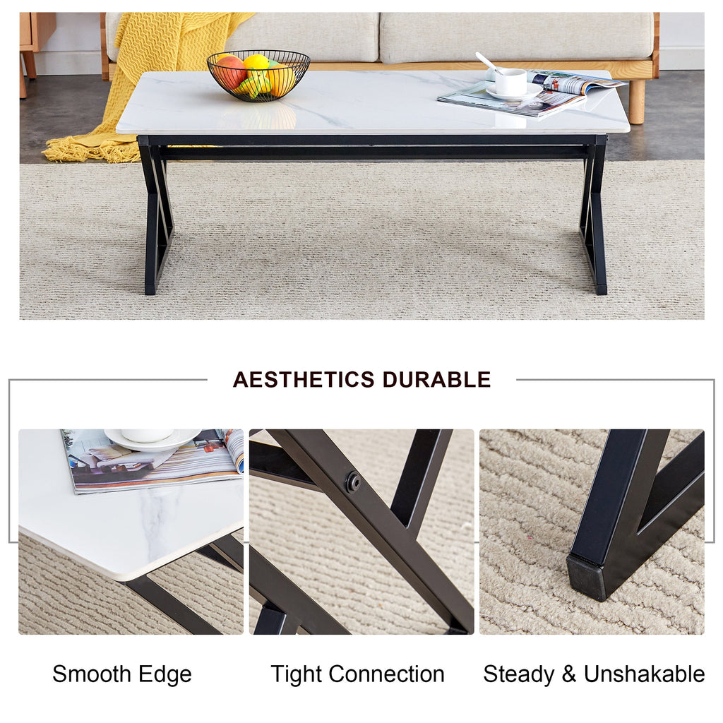 A coffee table made of rock slab material, with a smooth and natural surface that complements the modern design of the black metal legs, making it suitable for living rooms of all sizes.47*23.6