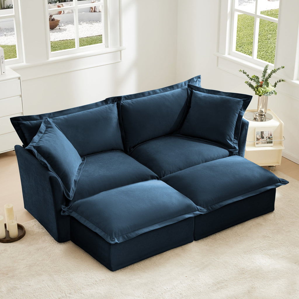 Slipcovered Sofa 2 Seater Sofa    With 2 Ottomans, 2 Seater Sleeper Sofa Bed Home Theater Oversized Sofa For Living Room, Chenille, Blue