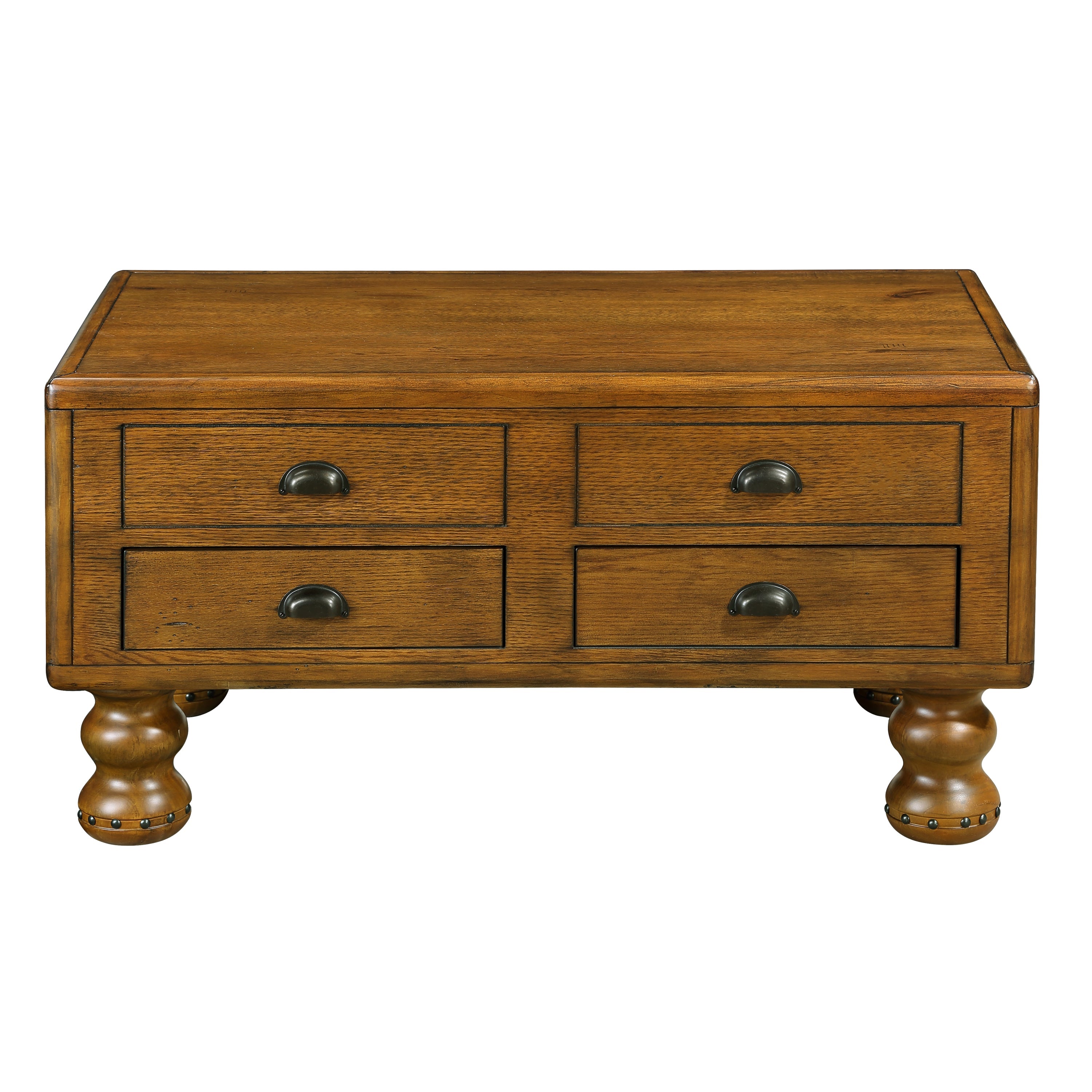 Solid Wood Rectangle Coffee Table for Living Room, 40-Inch Antique Coffee Table with 4 Drawers, Wood Center Table Tea Table with Rivet Decoration Legs.Easy Assembly,  Antique Brown