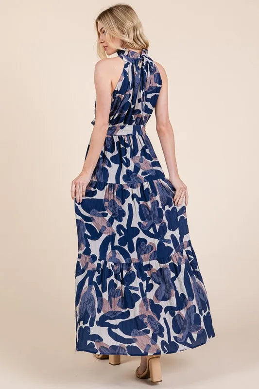 Lime 'N' Chili Abstract Halter Neck Tie-Waist Tiered Maxi Dress