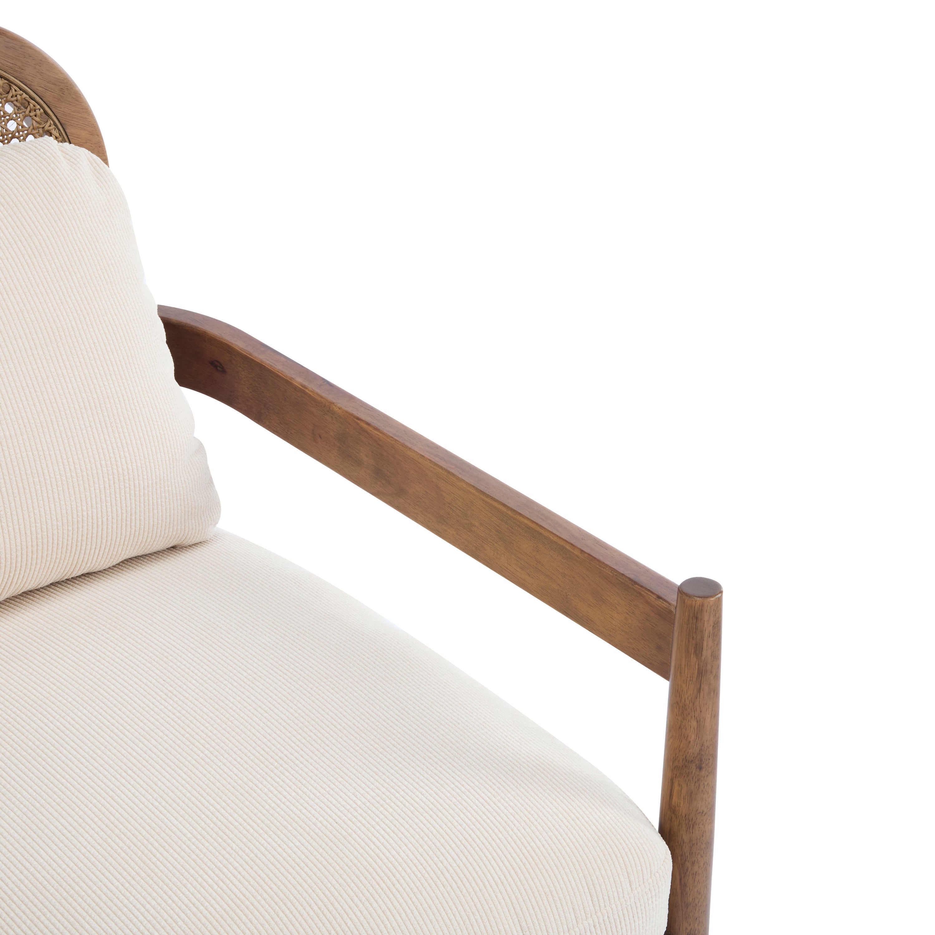 [Set of 2] 26.6' Mid-Century Modern Accent Chair with Light Brown Finish Solid Wood Frame and Rattan Backrest, Beige Cushion with Striped Fabric, Comfy Armchairs for Living Room, Bedroom, Reading Nook