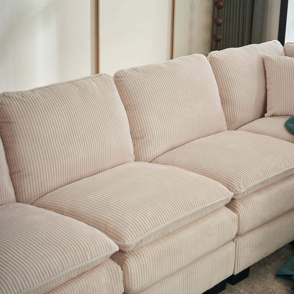 Modern U Shaped 6-seat Sectional Sofa Couch with one Ottoman and three toss pillows ,Modular Sofa for Living Room,Corduroy sofa