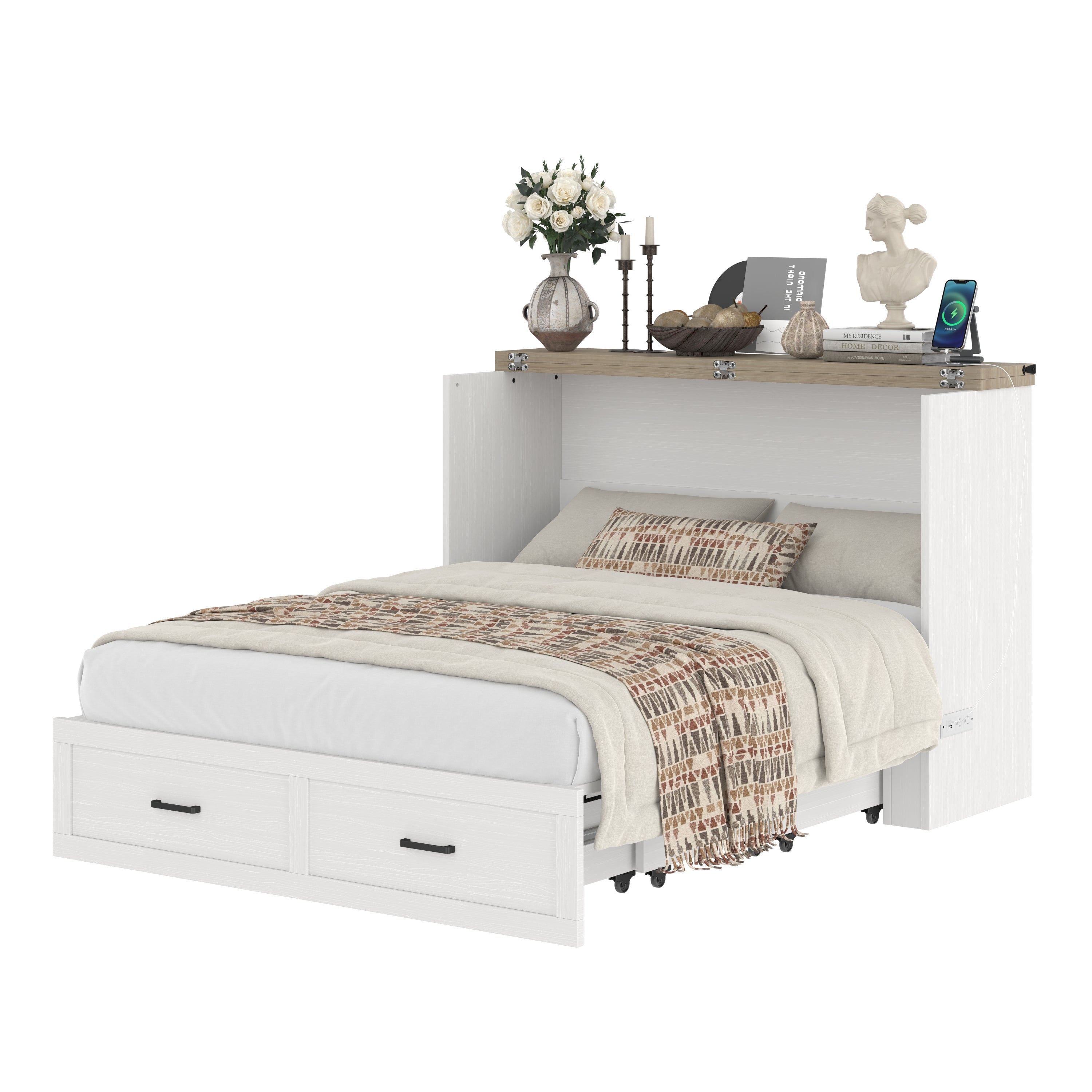 Murphy Bed Cabinet Queen Size with Charging Station, Multi-Functional Foldable Platform Bed with 1 Large Storage Drawer for Guest Room, Small Bedroom, White