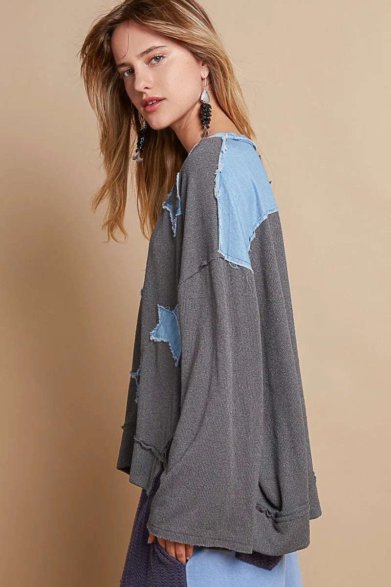 POL Exposed Seam Relaxed Fit Sweater with Star Denim Patch
