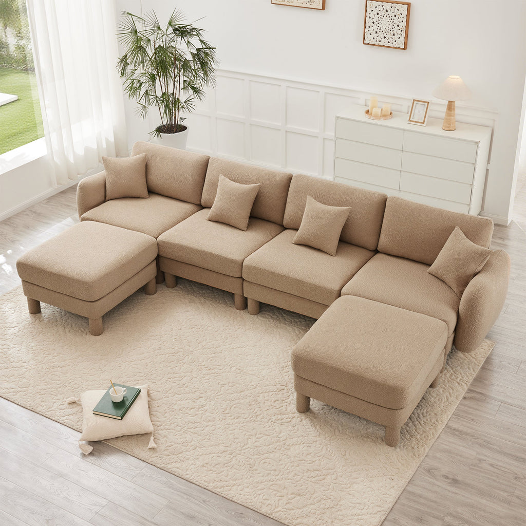 Boucle Fabric U Shape Sectional 4-seater Sofa Couch With Distinctive Shell-shaped Armrests And 2 Movable Ottomans,Cylindrical Legs Wrapped with Self-fabric,Coffee Color