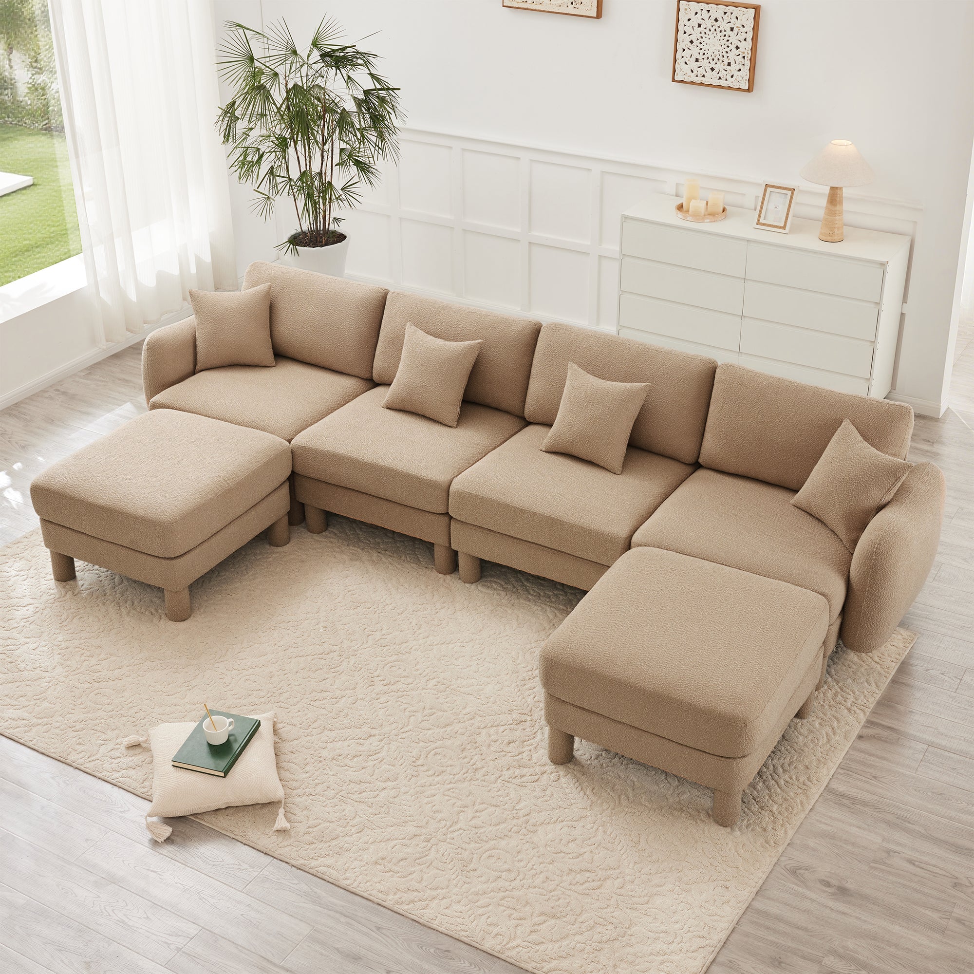 Boucle Fabric U Shape Sectional 4-seater Sofa Couch With Distinctive Shell-shaped Armrests And 2 Movable Ottomans,Cylindrical Legs Wrapped with Self-fabric,Coffee Color
