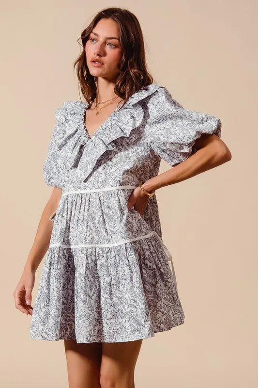 SO ME Cotton Printed Ruffle V Neckline Dress with Side Tie