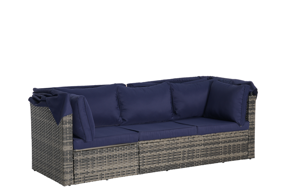 5 Pieces Outdoor Patio Wicker Daybed Furniture Set with Retractable Canopy, Storable Side Table, and Soft Cushions for Relaxing in Your Backyard or Porch