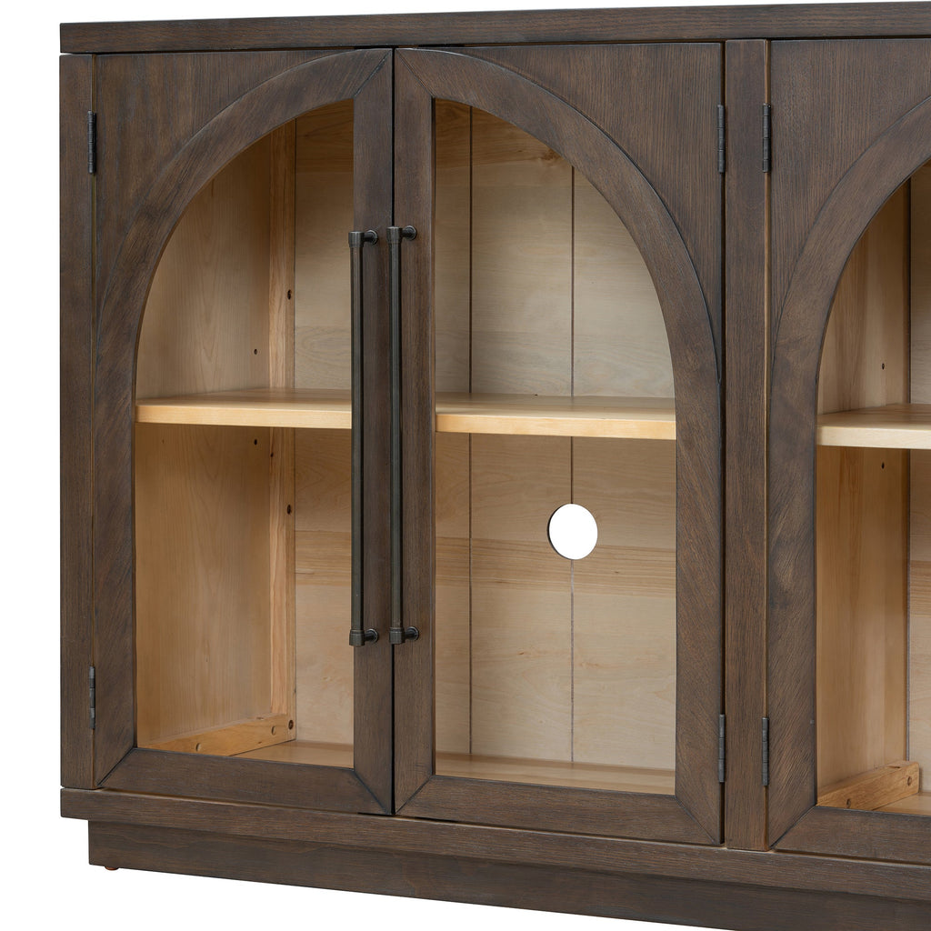 TREXM 4-Door Large Storage Sideboard Buffet Cabinet with Glass Doors, Arched Cabinet with Adjustable Shelves for Kitchen, Dining Room and Living Room (Espresso)
