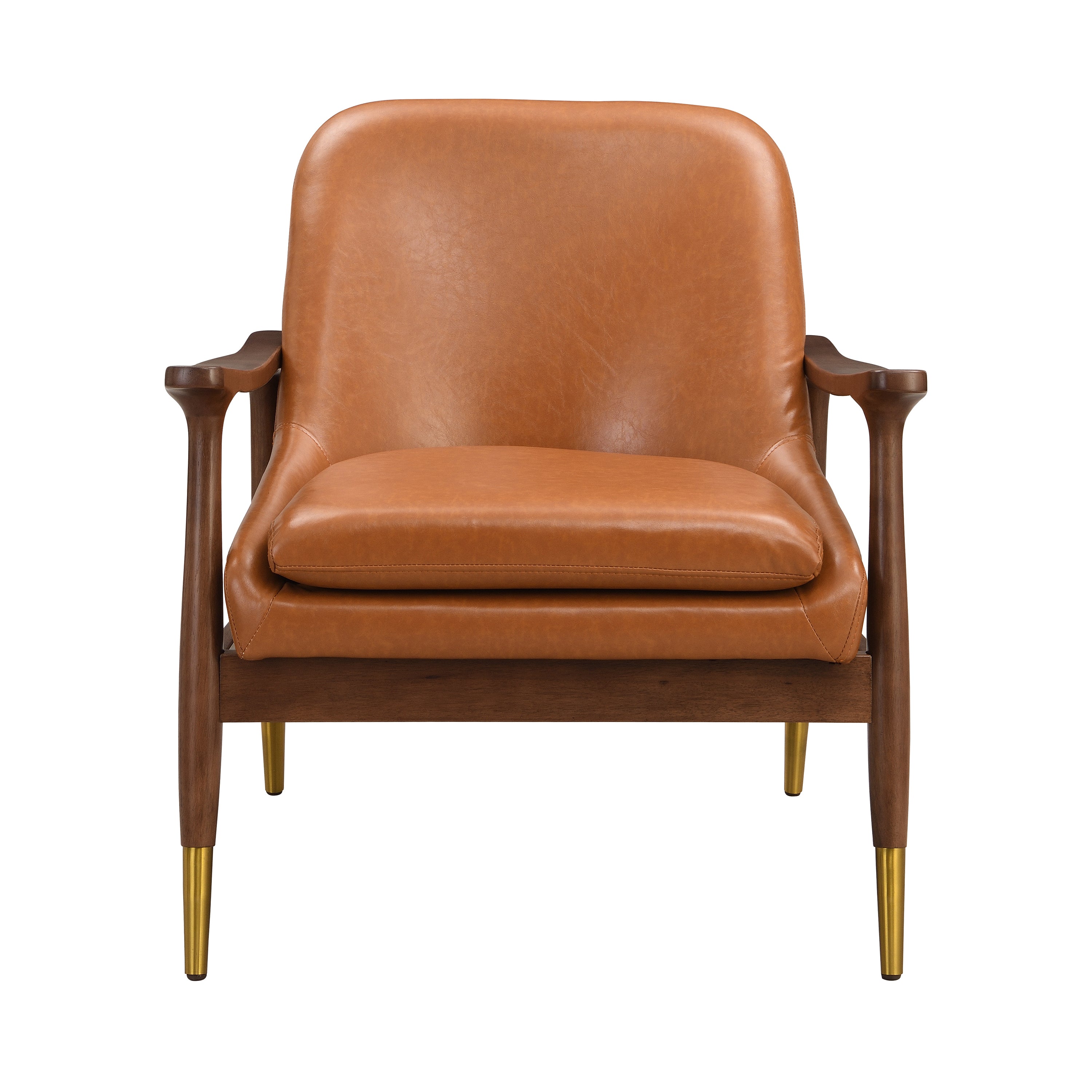 Mid-Century Faux Leather Accent Chair with Cushioned Seat, Solid Wood Frame, Brass-Tipped Legs, Brown