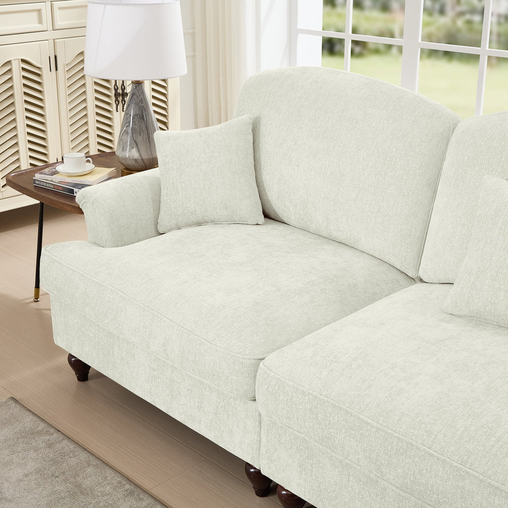 Elegant Mid Century Large 3 Seater Sofa Couch with Flared Arms and Removable Ruffles Pleats Skirts and Spindle Legs, Comfy Chenille Three-Seat Sofa for Living Room, Beige White