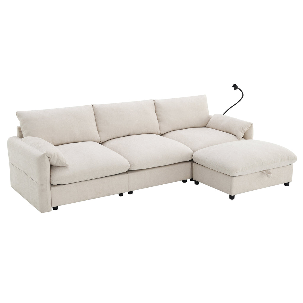 96.5'' Chenille Sectional Sofa with Storage Ottoman and Pockets,Adjustable Phone Holder,Wide Seat,4 Seat L Shaped Couch Set,Comfy Sofa with USB Charger for Living Room,Apartment,3 Colors