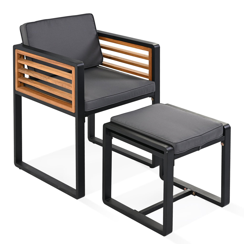 GO 18-Pieces Acacia Wood Patio Dining Set, Space Saving Outdoor Patio Set, 8 Cushioned Chairs & 8 Ottomans & 2 Square Table, for Backyard, Garden, Deck and Poolside, Gray