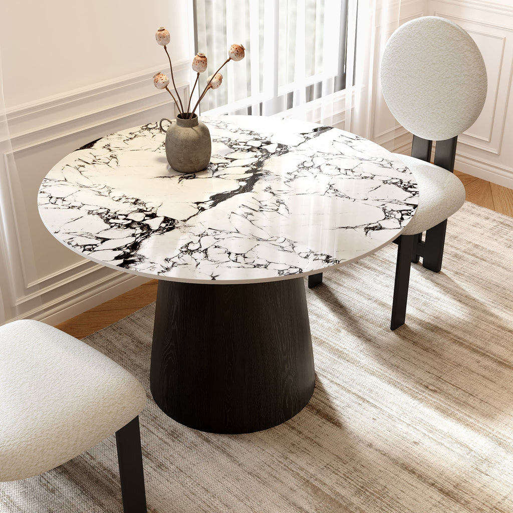 Small Round Modern Dining Table 43' Kitchen Table With Black Pedestal For 5 Person - White Black