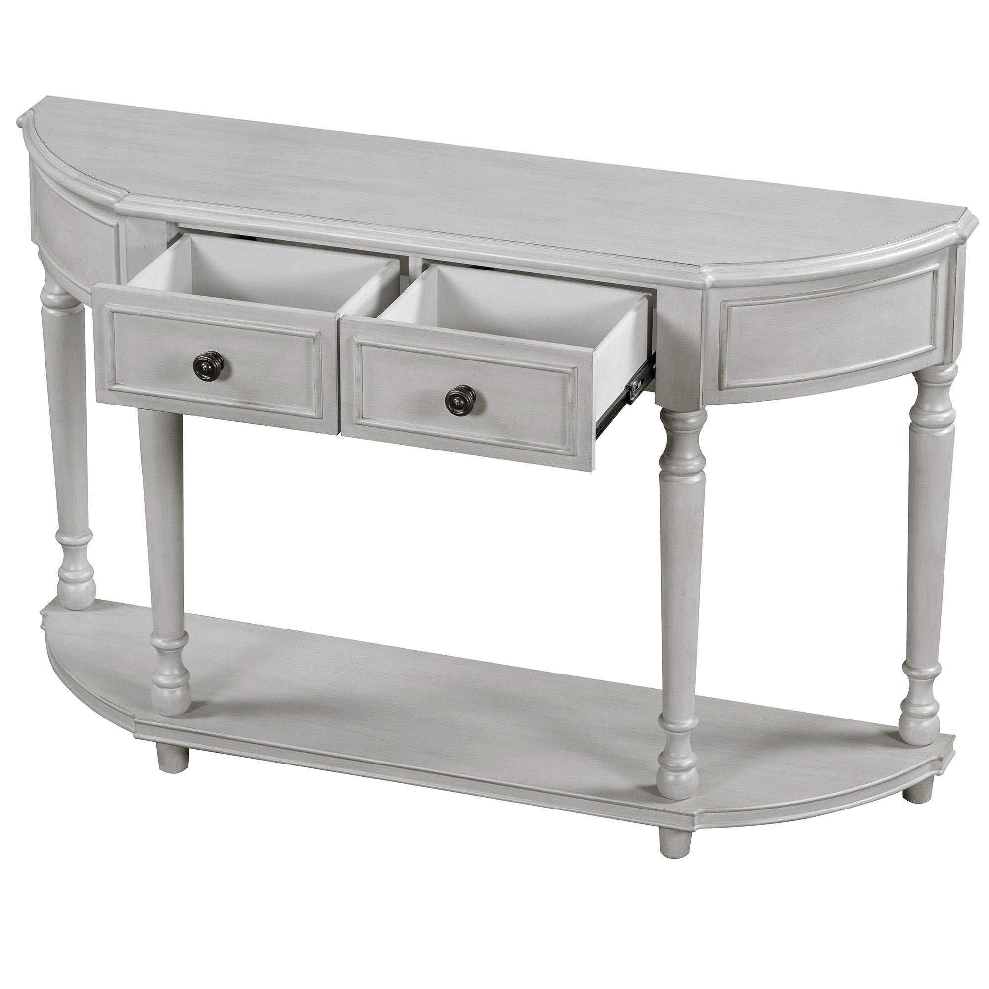 TREXM Retro Circular Curved Design Console Table with Open Style Shelf Solid Wooden Frame and Legs Two Top Drawers (Gray Wash, OLD SKU: WF298768AAE)