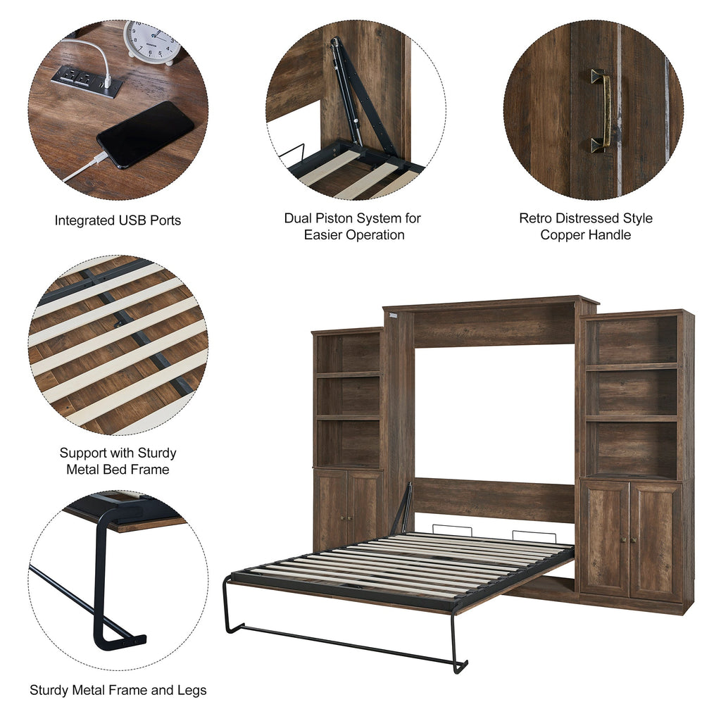 Queen Size Half Self-Close and Open Murphy Bed  with 1 Side Cabinet Storage Shelf, Cabinet Space-Saving Bed Perfect for Guest Room, Bed Room, Guest Room, Home Office, Brown
