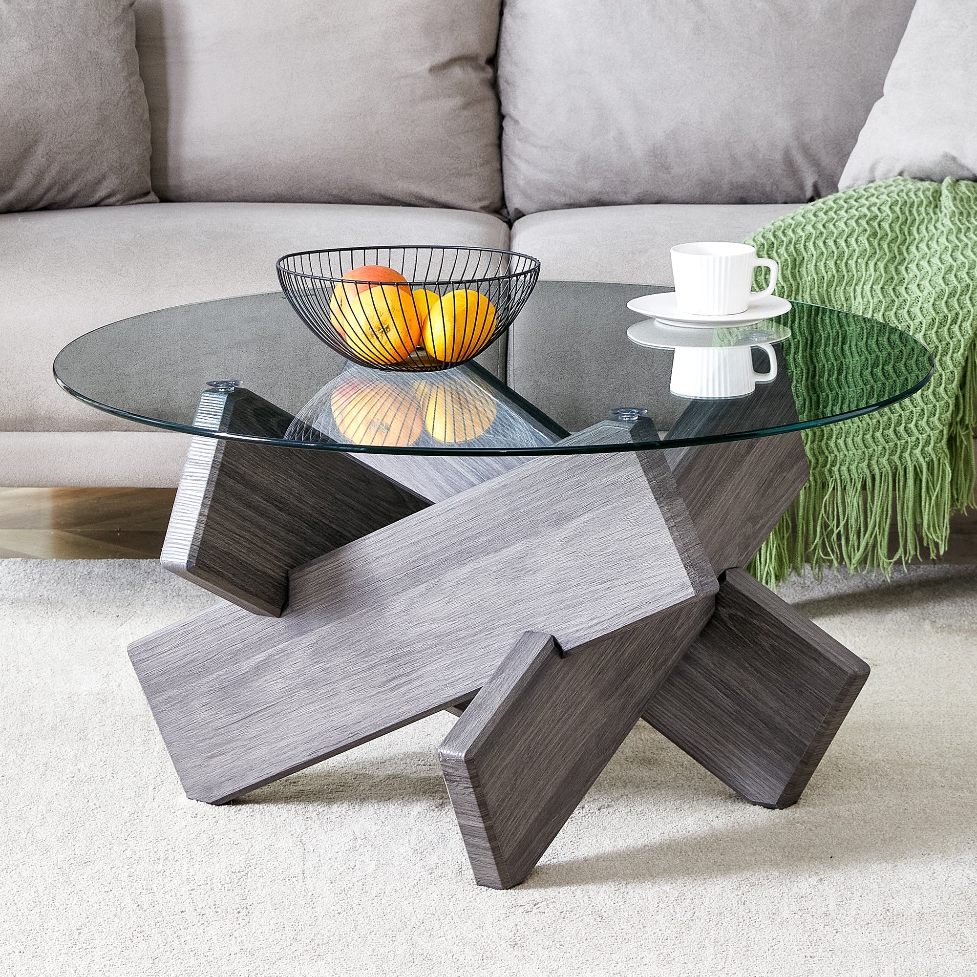 Round glass coffee table, 33.4" modern design unique coffee table. Tempered glass top with grey patterned MDF legs. Suitable for living and dining rooms