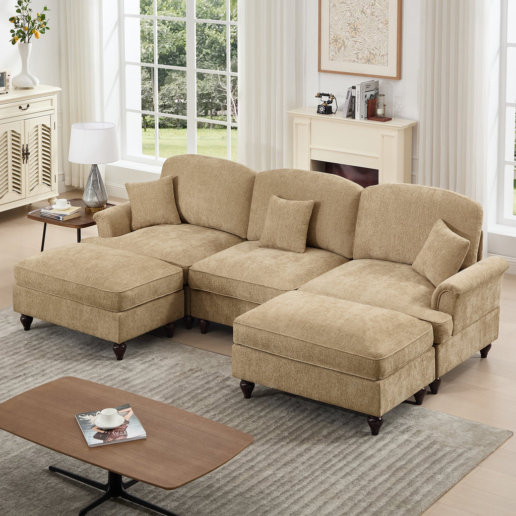 Classic Comfy Modular U Shape Sectional Sofa Couch with Flared Arms and Removable Ruffles Pleats Skirts and Spindle Legs, Upholstered Chenille Deep Seat Cloud Sofa with Movable Ottomans, Light Coffee