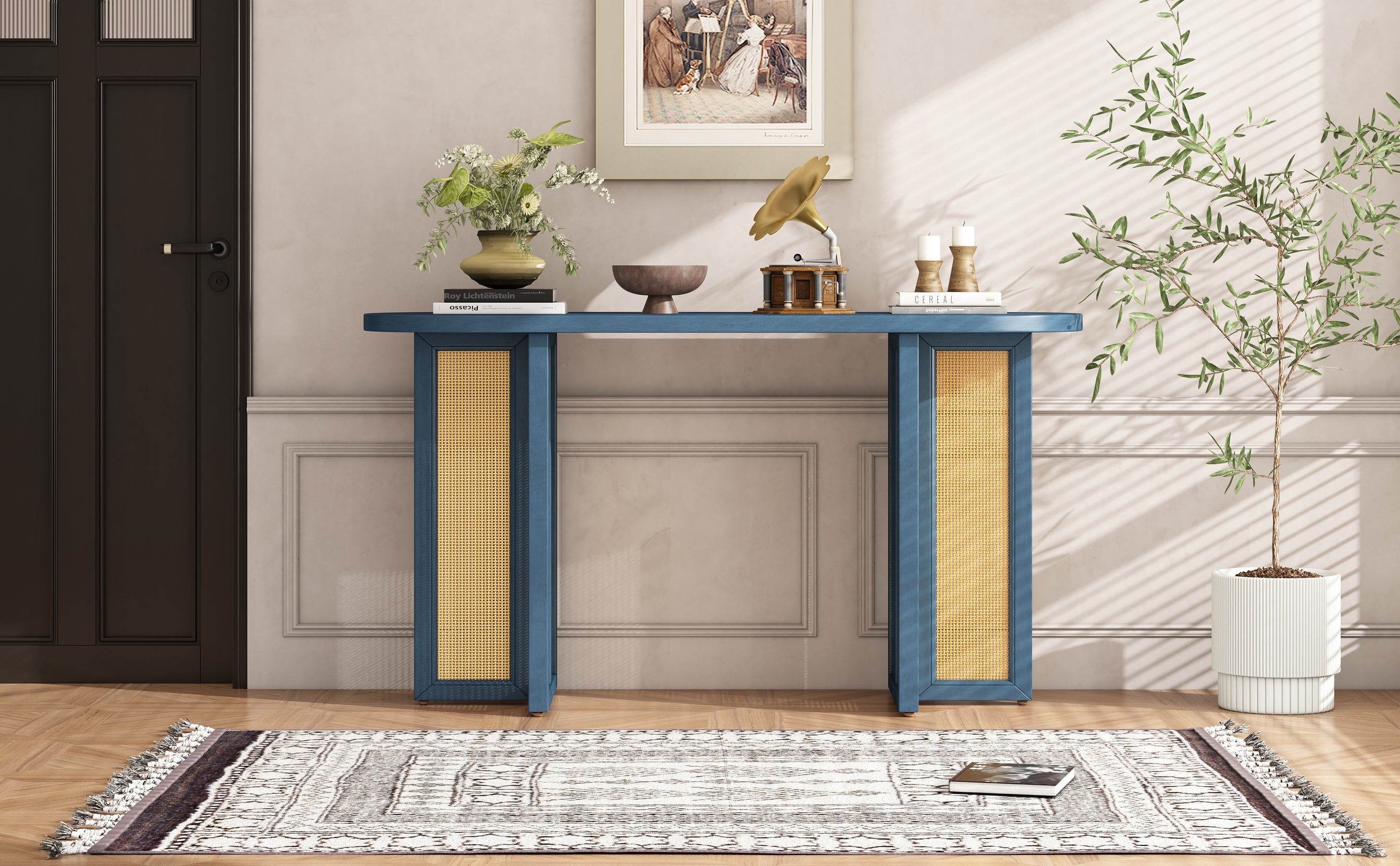 TREXM Farmhouse Rattan Console Table Entryway Table, Narrow Console Table with Storage, Hallway Table for Living Room, Entrance (Navy)