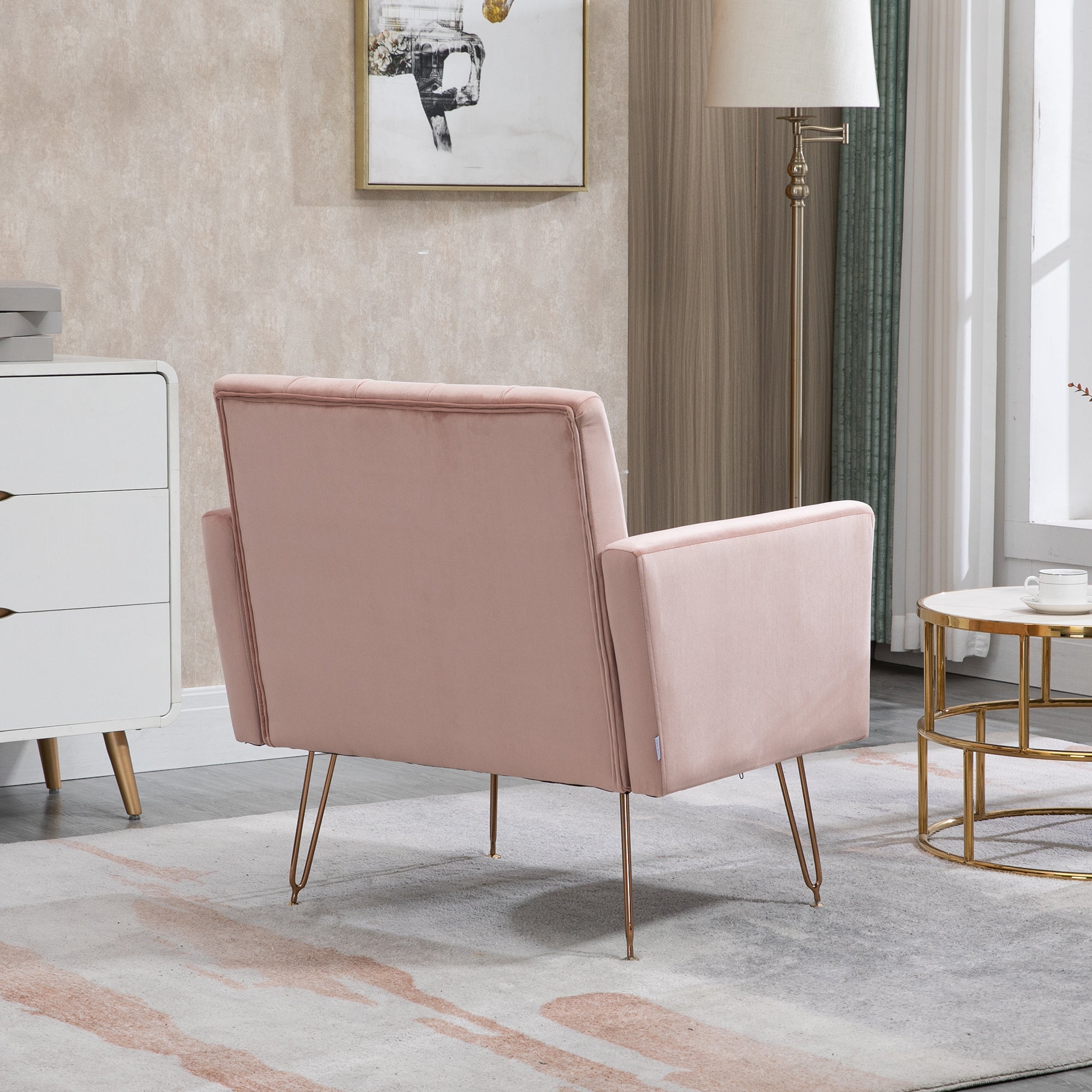 COOLMORE Velvet Armchair Single Sofa Modern Tufted Upholstered Side Reading Chairs with Arm and Gold Metal Leg for Living Room Bedroom (Pink)