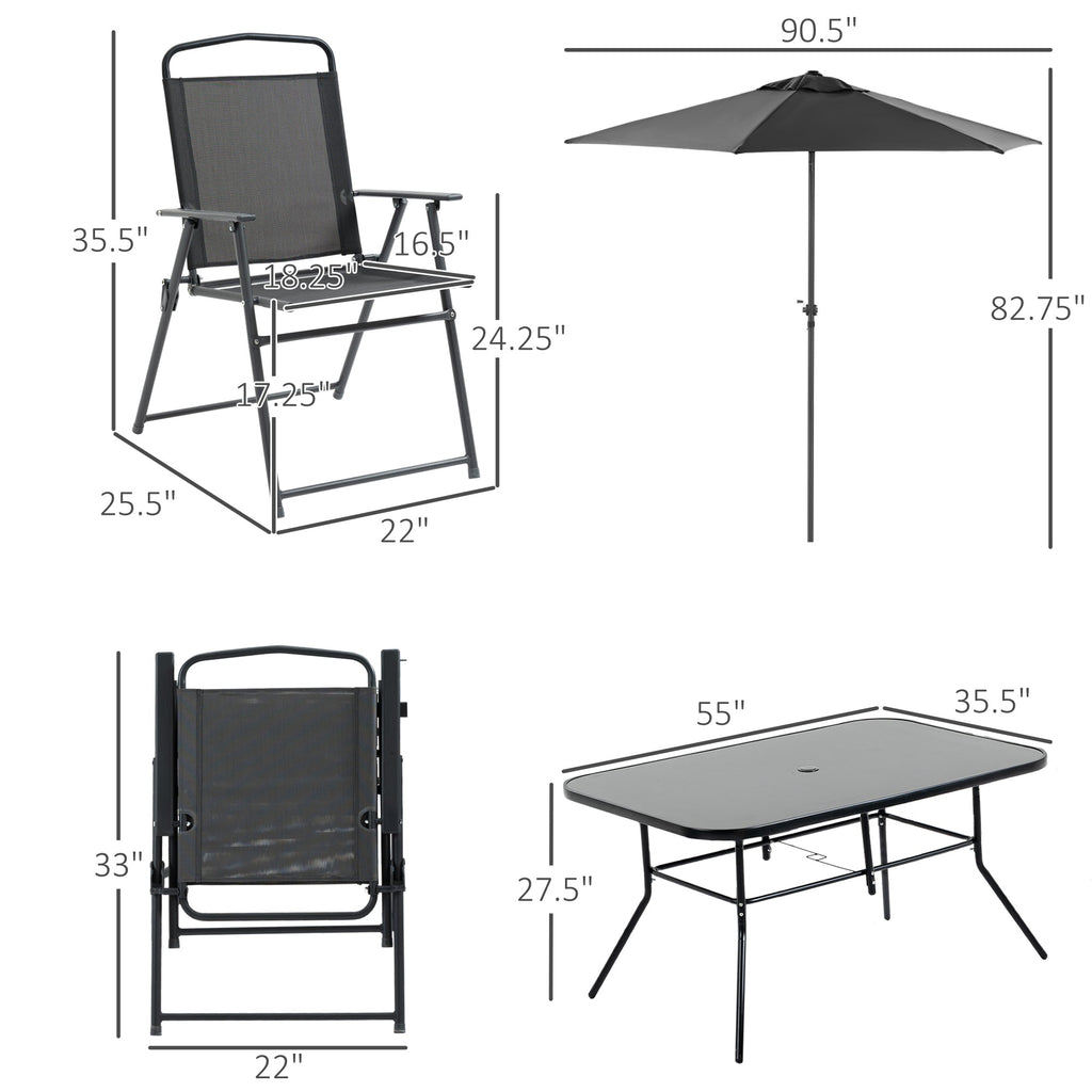 Outsunny 8 Piece Patio Dining Set with Table Umbrella, 6 Folding Chairs and Rectangle Dining Table, Outdoor Patio Furniture Set, Black