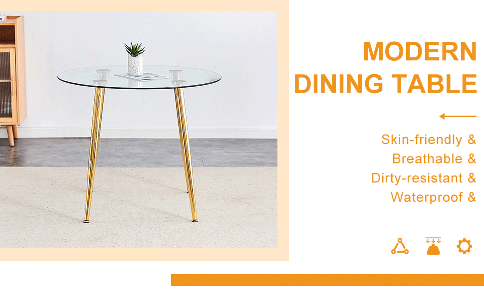 Round dining table with glass top, gilded metal legs, exquisite living, starting from the details, the gold legs show an extraordinary texture, which is the finishing touch to your home.36*36