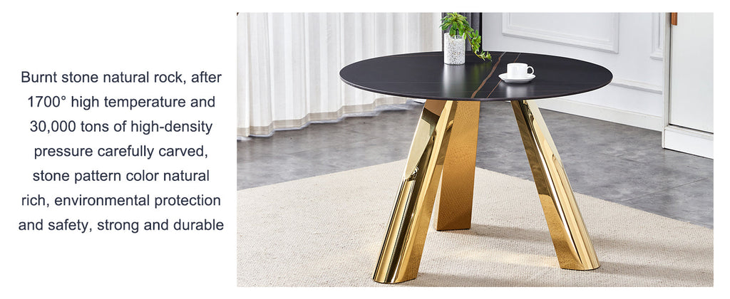 The 42-inch stainless steel gold-plated flamed granite round table with seating for 4 or 6 people is perfect for dining, entertaining, or as a conference table
