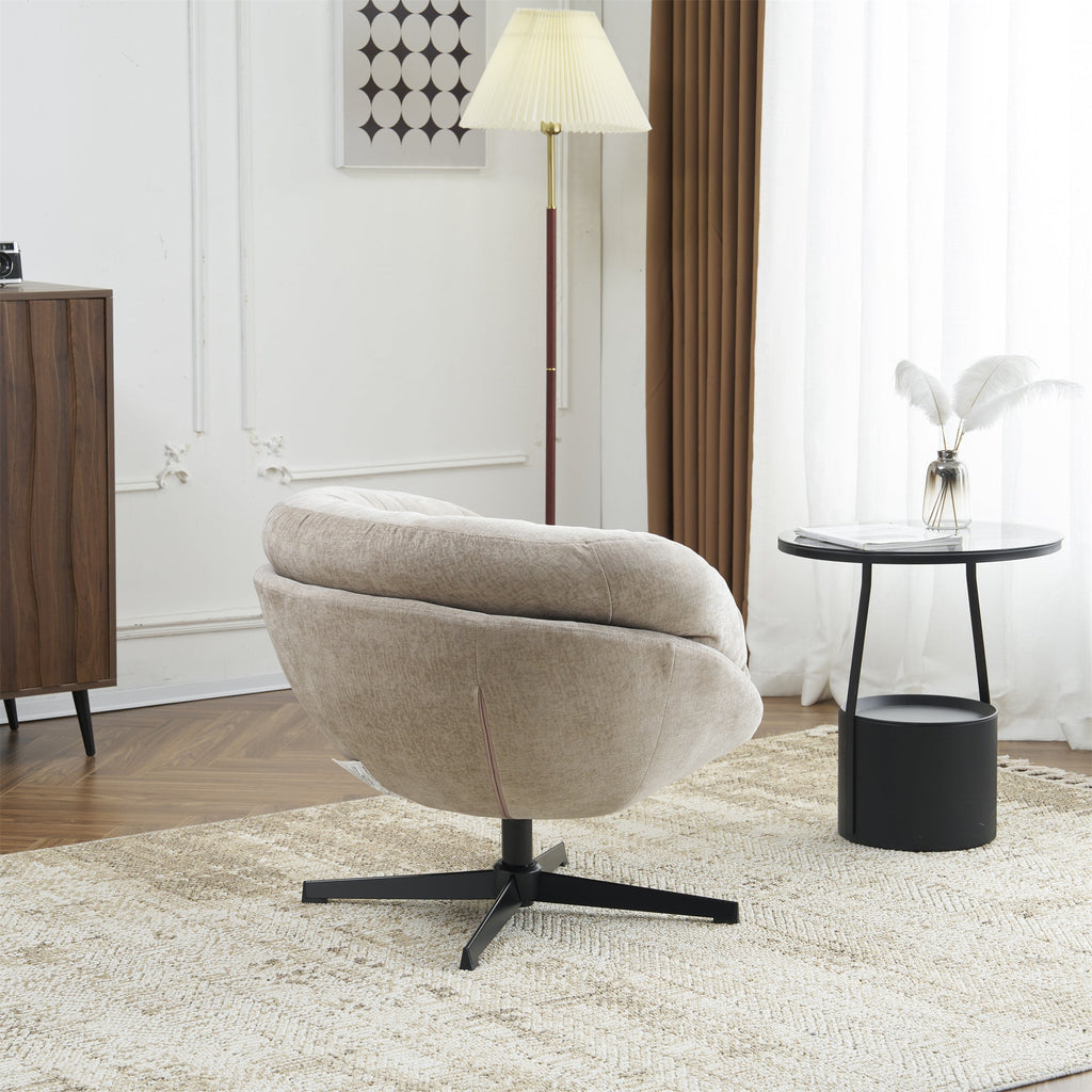 Modern Chenille Office Chair, 360° Swivel Club Chair/Accent Chair with Removable Cushion, Round Office Chair, Black Metal Base, Cotton Material, Living Room, Bedroom, Reading Corner, Office (Brown)