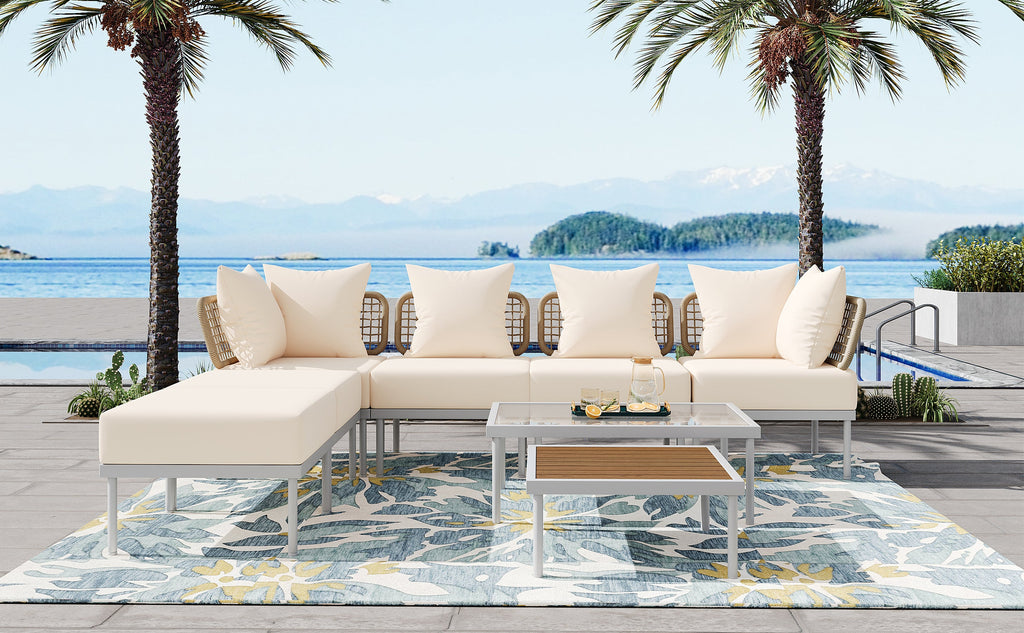 TREXM 8-Piece Patio Sectional Sofa Set with Tempered Glass Coffee Table and Wooden Coffee Table for Outdoor Oasis, Garden, Patio and Poolside (Beige Cushion + White Steel)