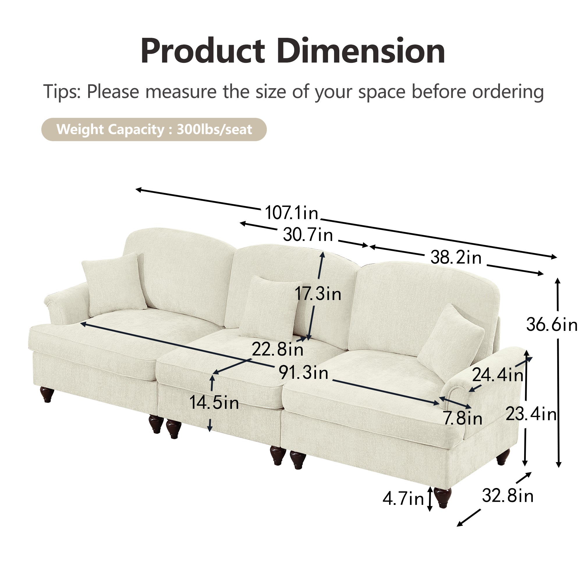 Elegant Mid Century Large 3 Seater Sofa Couch with Flared Arms and Removable Ruffles Pleats Skirts and Spindle Legs, Comfy Chenille Three-Seat Sofa for Living Room, Beige White