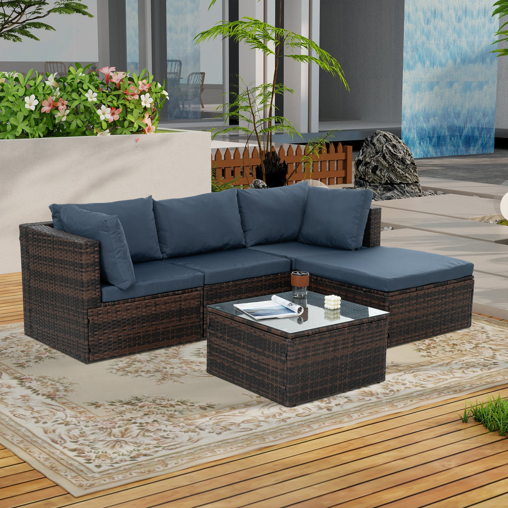 Patio Furniture, Outdoor Furniture, Seasonal PE Wicker Furniture, 5 Set Wicker Furniture With Tempered Glass Coffee Table