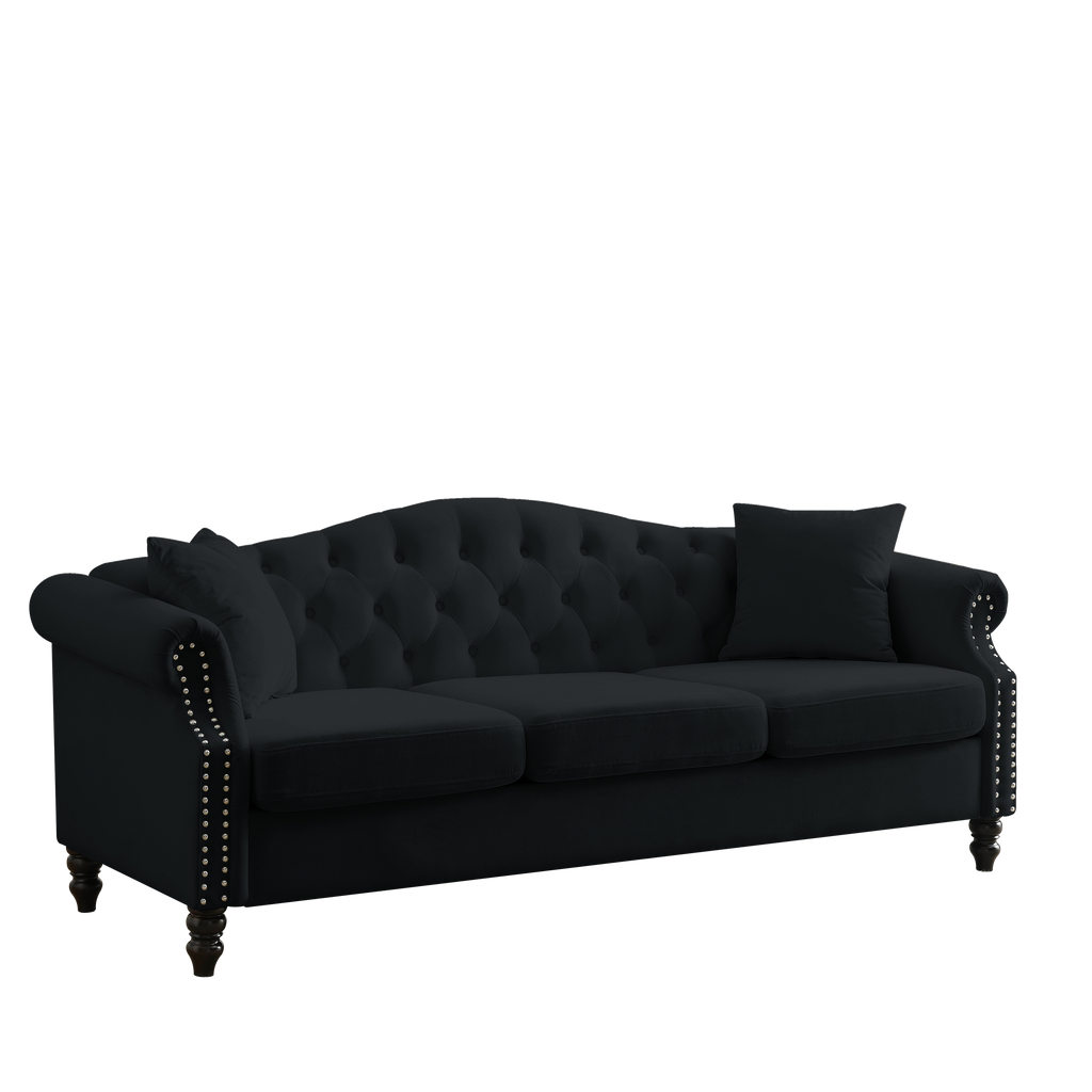 [Video] 79' Chesterfield Sofa Black Velvet for Living Room, 3 Seater Sofa Tufted Couch with Rolled Arms and Nailhead for Living Room, Bedroom, Office, Apartment, 3S+3S