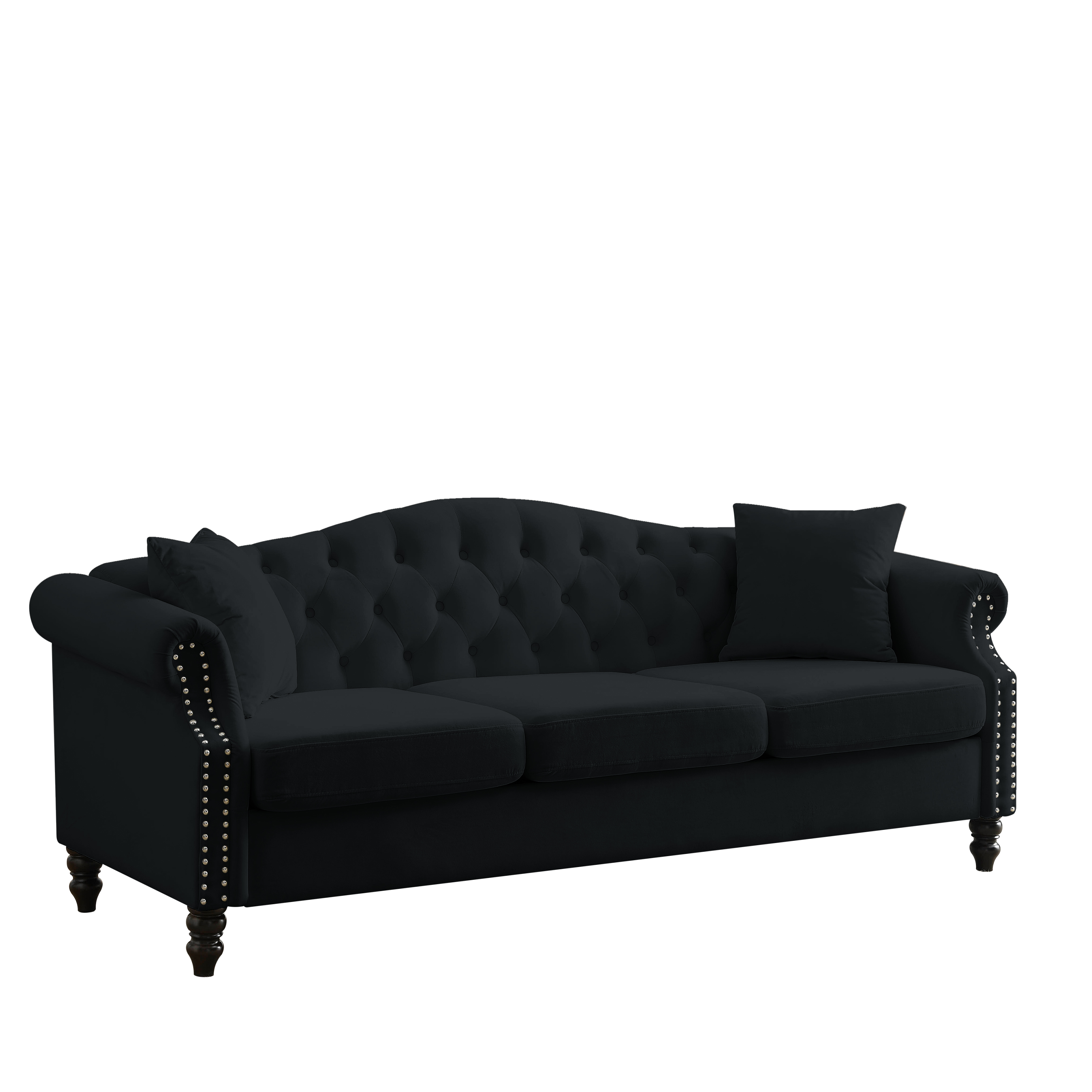 [Video] 79' Chesterfield Sofa Black Velvet for Living Room, 3 Seater Sofa Tufted Couch with Rolled Arms and Nailhead for Living Room, Bedroom, Office, Apartment, 3S+3S