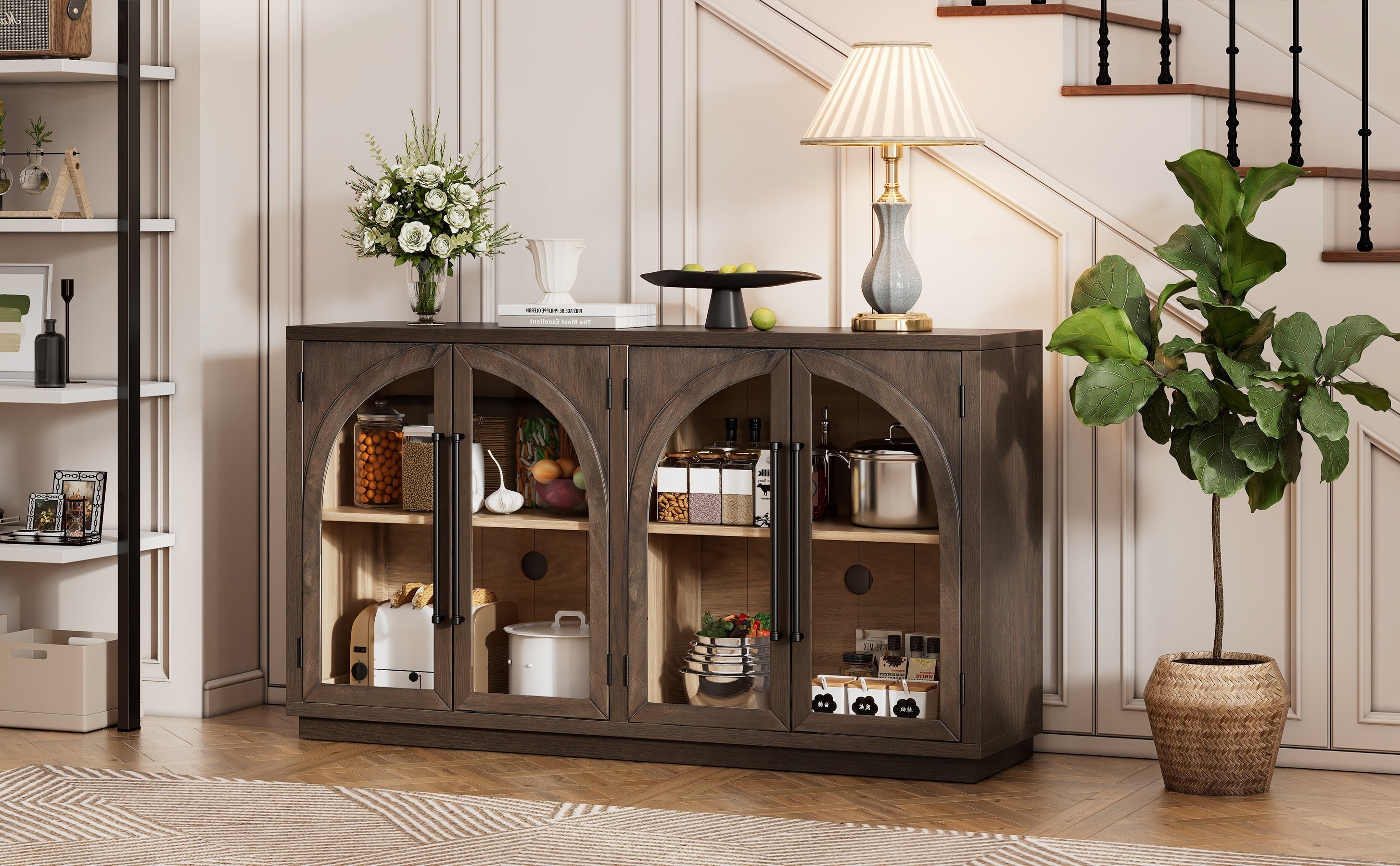 TREXM 4-Door Large Storage Sideboard Buffet Cabinet with Glass Doors, Arched Cabinet with Adjustable Shelves for Kitchen, Dining Room and Living Room (Espresso)