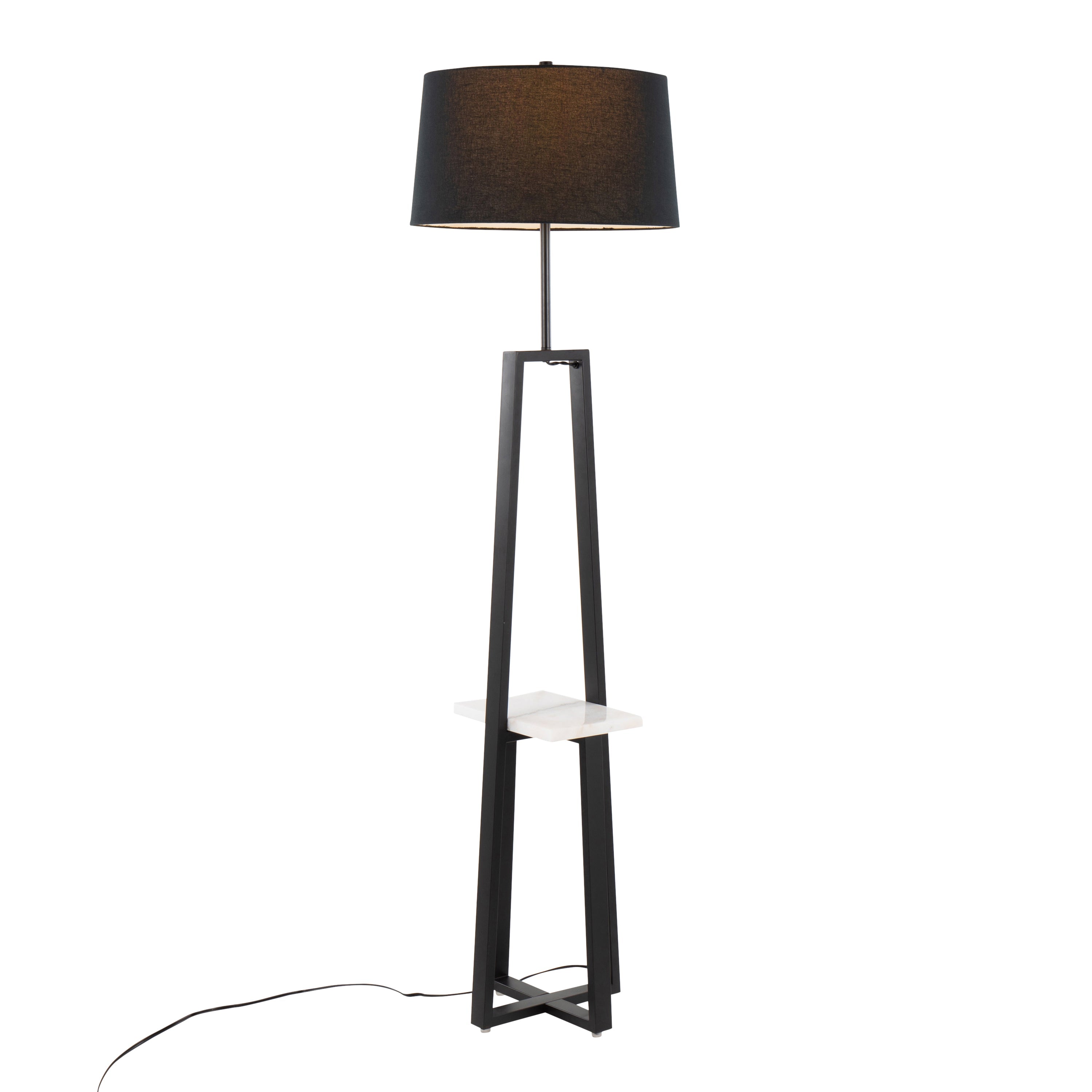 Cosmo Shelf Contemporary/Glam Floor Lamp in White Marble and Black Metal with Black Linen Shade by LumiSource