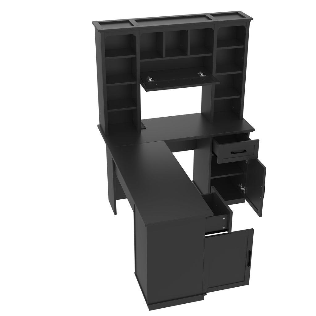 L-shaped computer desk with 2 cabinets and 2 drawers underneath the table, 11 open shelves and a flip-up shelf with storage on the right side, suitable for study, living room and office, Black