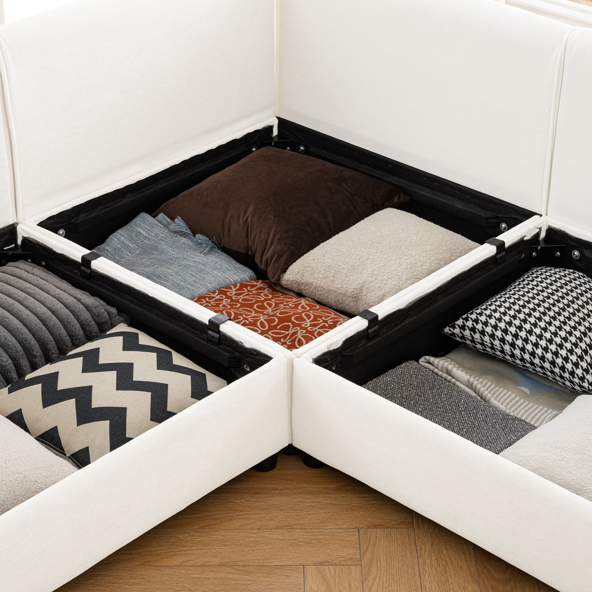 Elegant White Chenille  Sofa with Storage Seat and Ottoman, L-Shaped 3-Seater Cylindrical Backrest and Armrests, Contemporary 3-Seater Fabric Couch with Hidden Storage Compartment