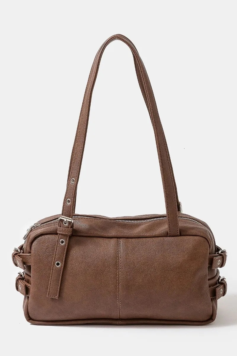 Fame Multi Grommet Belt Strap Rustic Rectangular Hand Bag