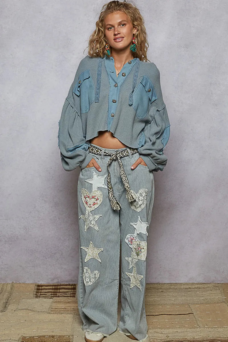 POL Contrast Cropped Jacket with Raw Edge Detail