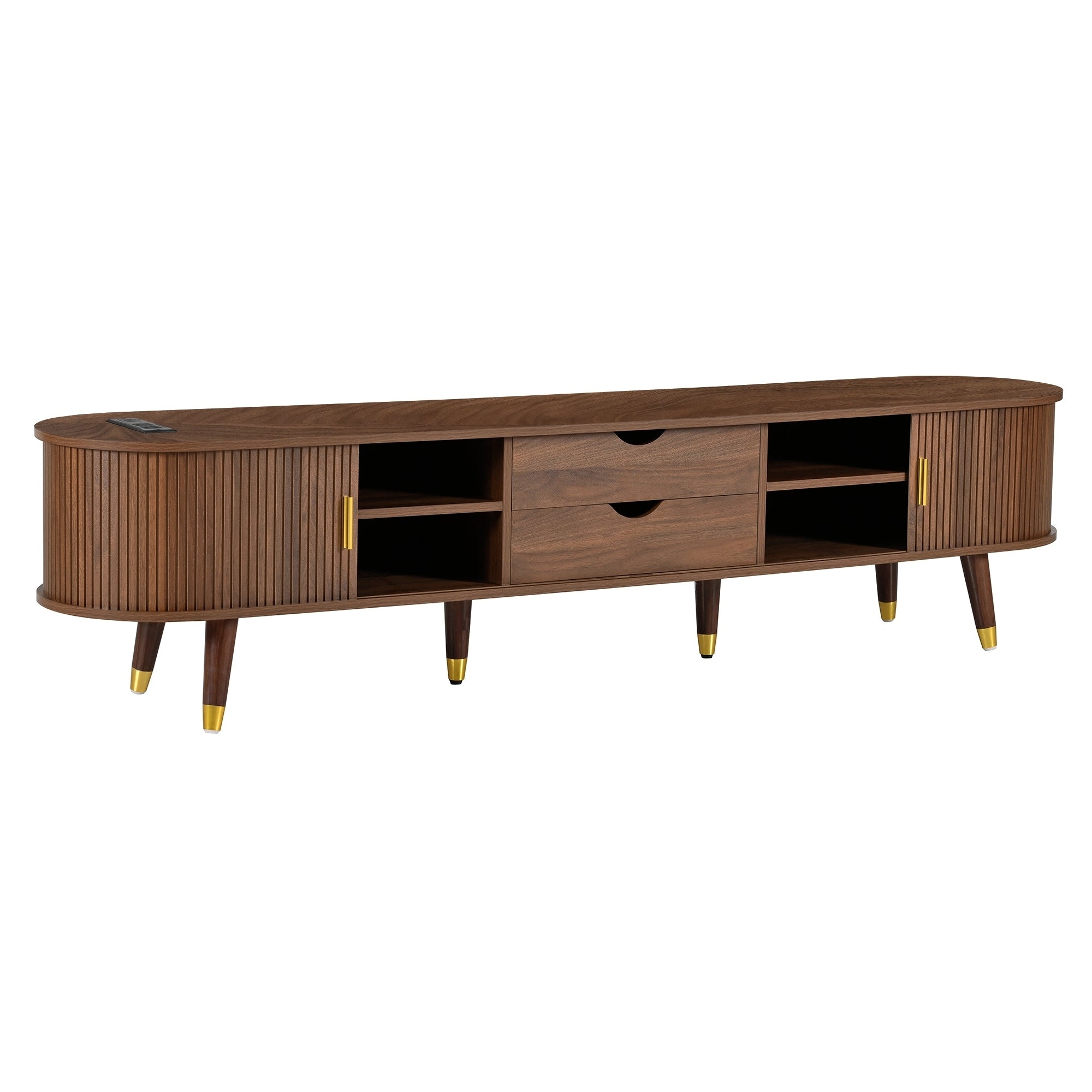 Wooden Farmhouse TV Stand & Coffee Table Set with Charging Station, Oval Fluted Media Console with Sliding Doors for TVs up to 80', Mid-Century Center Table with Solid Wood Legs for Living Room,Walnut