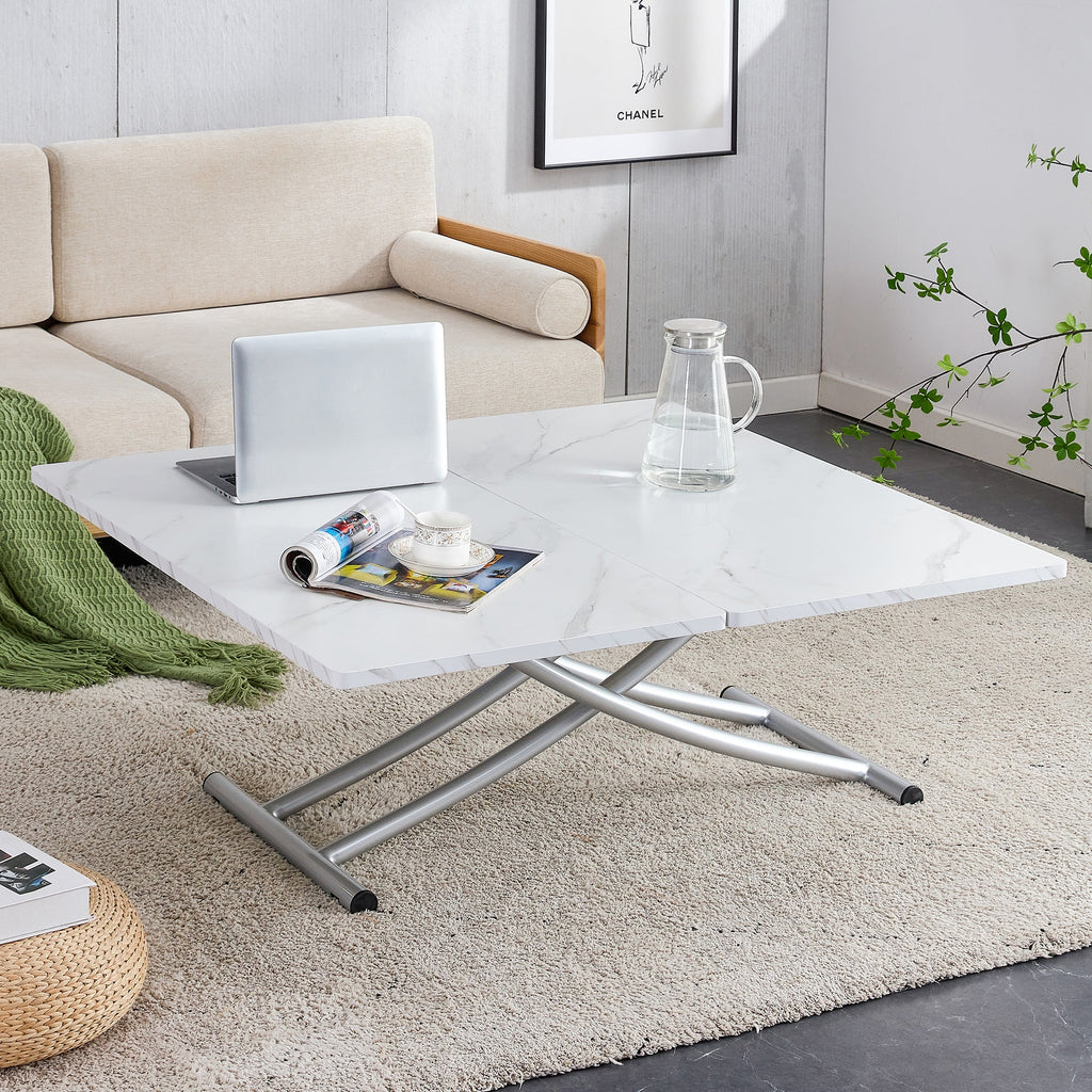 Modern minimalist multifunctional lift table with 0.8 inch MDF desktop and silver metal legs, can be used as a dressing table, coffee table, dining table, and office table