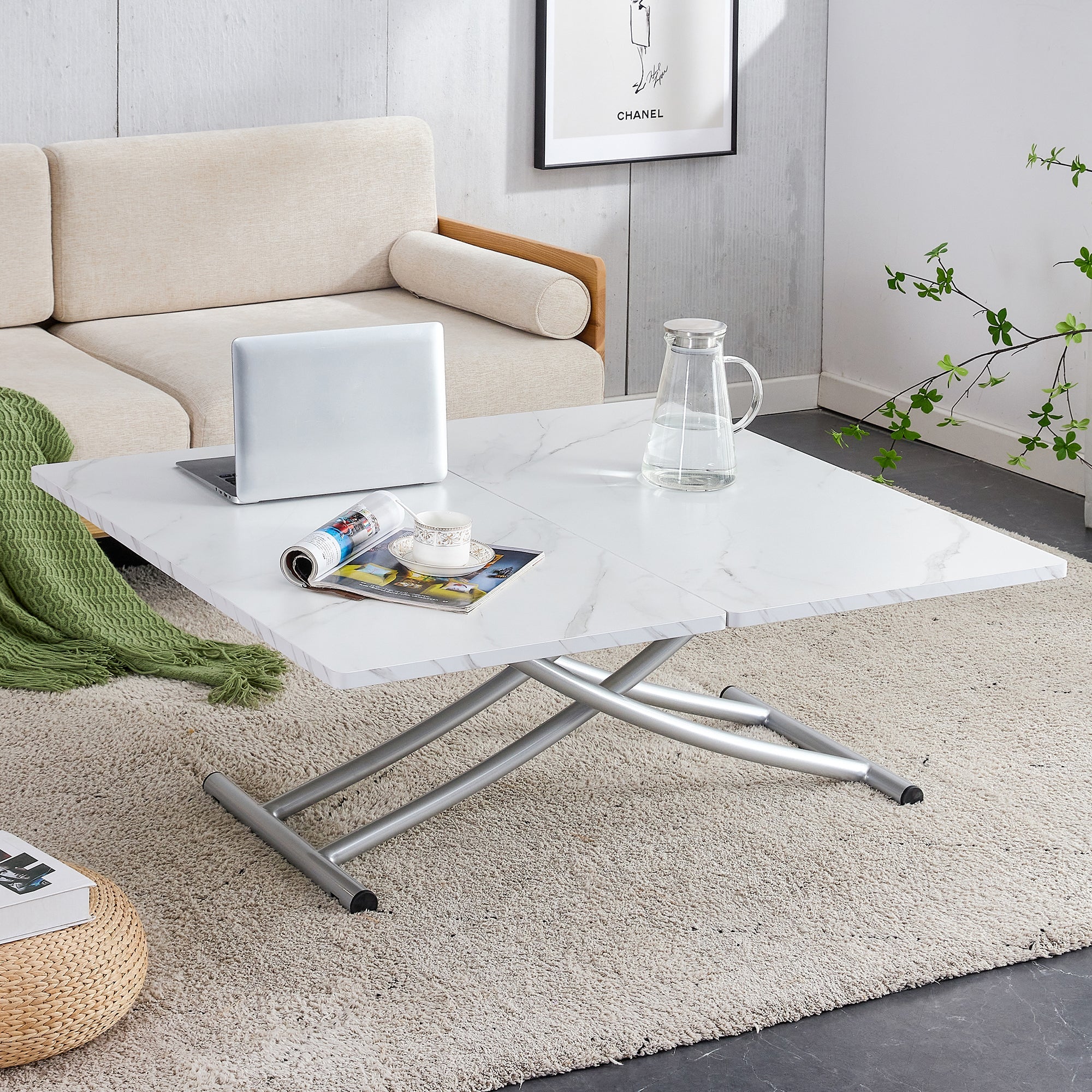 Modern minimalist multifunctional lift table with 0.8 inch MDF desktop and silver metal legs, can be used as a dressing table, coffee table, dining table, and office table