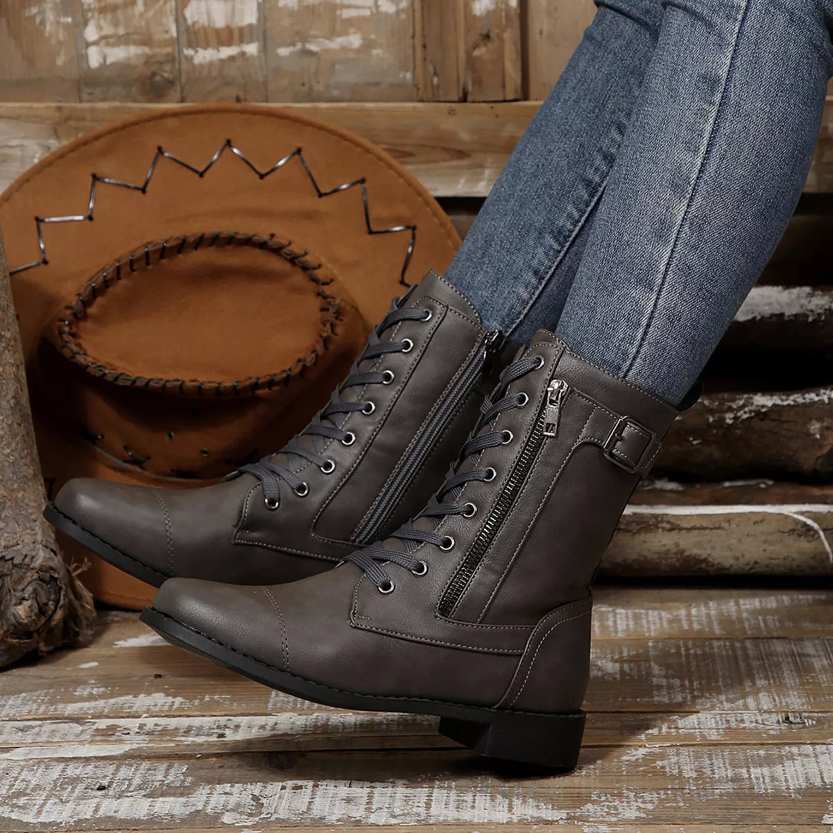 Round Toe Block Heels Boots