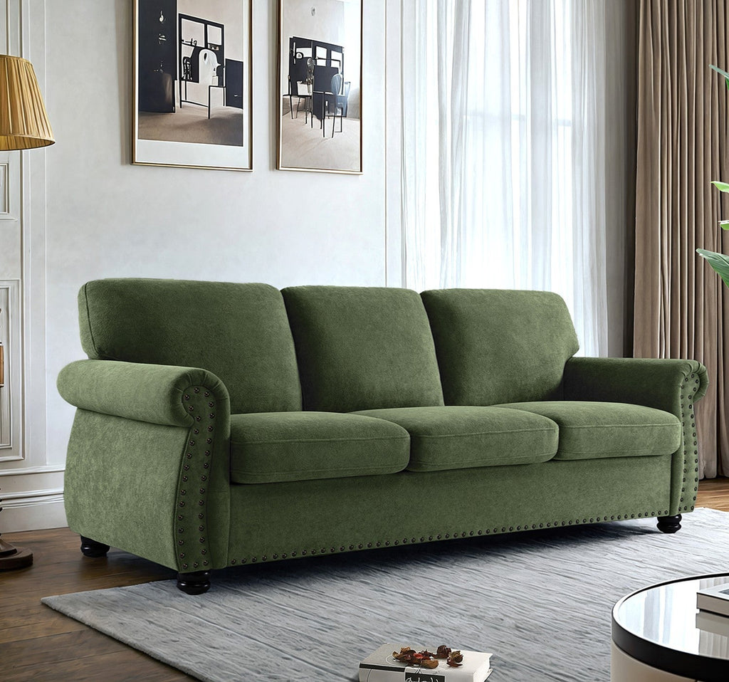 Soft Velvet Sofa, Upholstered 3 Seater Couch with High-Density Foam, Loose Back Cushions and Solid Wood Turned Legs, Chic Living Room Furniture for Home, Apartment and Office, Green