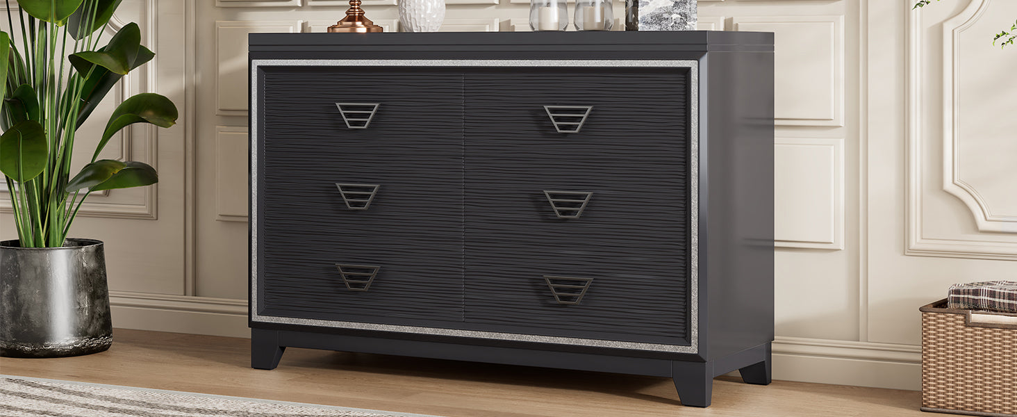 Elegant Dresser with Metal Handle and Sparkling Shiny Decoration, Storage Cabinet with 6 Drawers for Bedroom, Living Room, Black