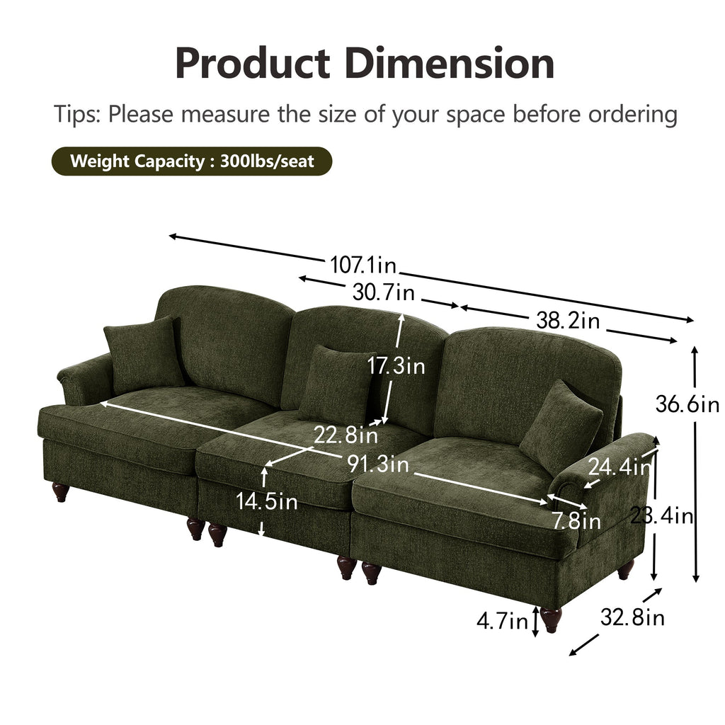 Elegant Mid Century Large 3 Seater Sofa Couch with Flared Arms and Removable Ruffles Pleats Skirts and Spindle Legs, Comfy Chenille Three-Seat Sofa for Living Room, Green